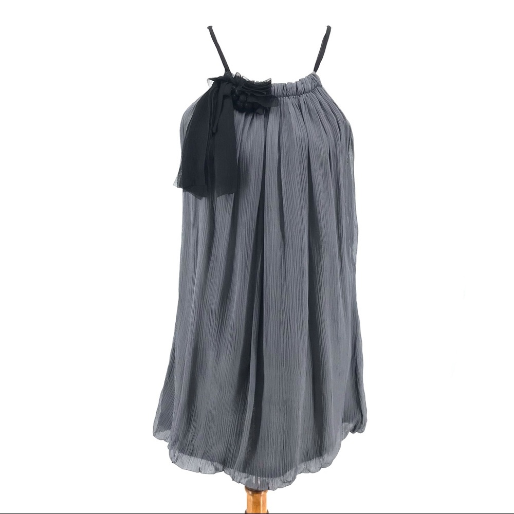 Robbi & Nikki Gray Chiffon Beaded Ruched Neck Tunic Blouse - Picture 1 of 8